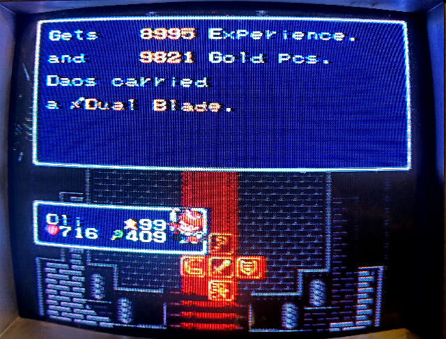 Photo of Lufia & The Fortress of Doom on a CRT, Daos dropping the Dual Blade